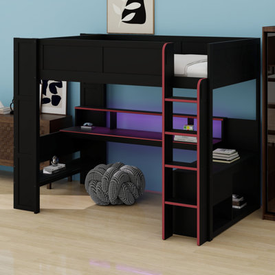 Lit mezzanine de jeu avec bureau, éclairage DEL et borne de recharge pour dormir et étudier