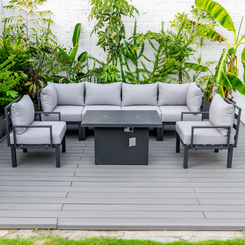 Ensemble modulaire d'extérieur 7 pièces Chelsea - Ensemble de conversation modulaire avec coussins, structure en aluminium et table basse en verre trempé