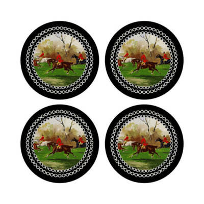 English Hunting Black Vegan Leather Round Coasters