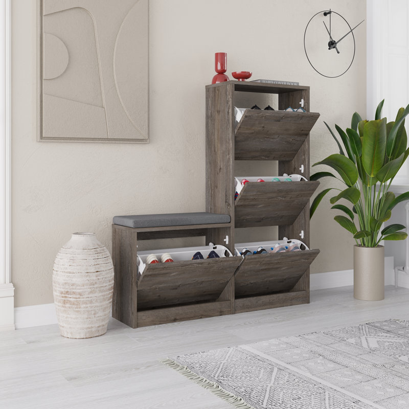 Dude Modern Bench Shoe Cabinet 4 Drop-Doors, Dark Coffee