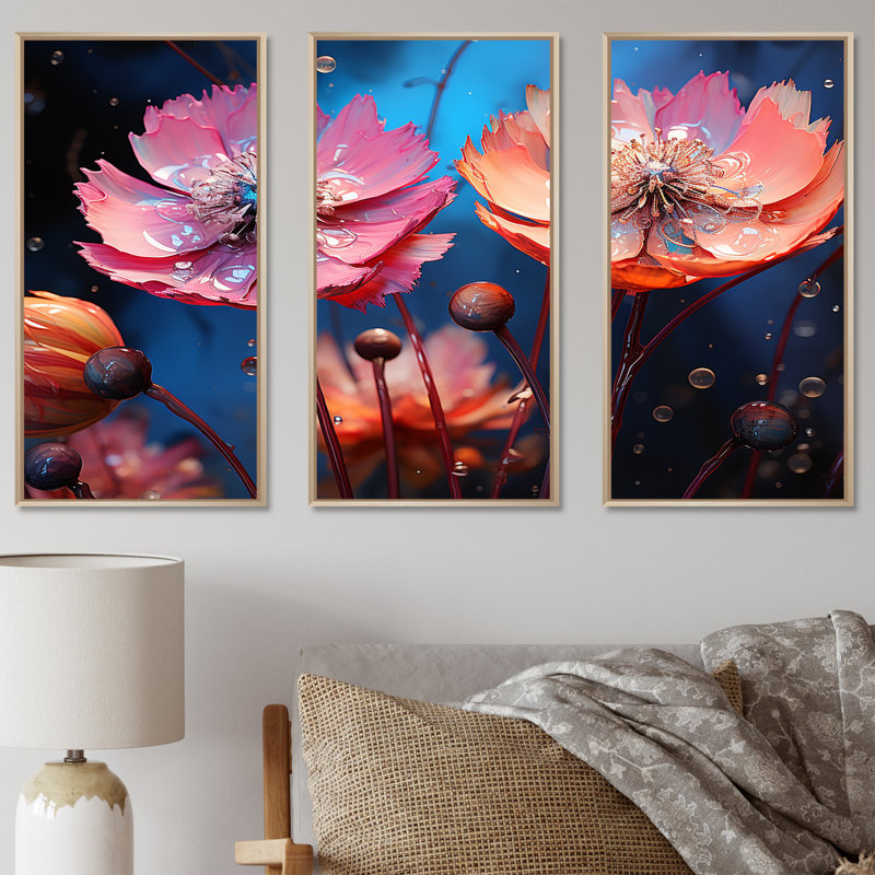 Ensemble d'art mural sur toile Neon Flourish, Cadre naturel flottant, H 32 po x l 48 po x P 1 po