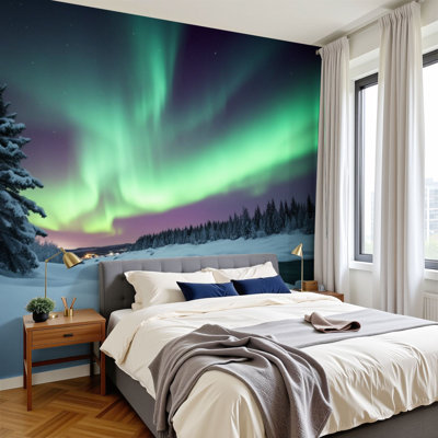 Papier peint à peler et coller Aurora Borealis, neige arctique verte, scène d'hiver, forêt de pins, murales, Norvège