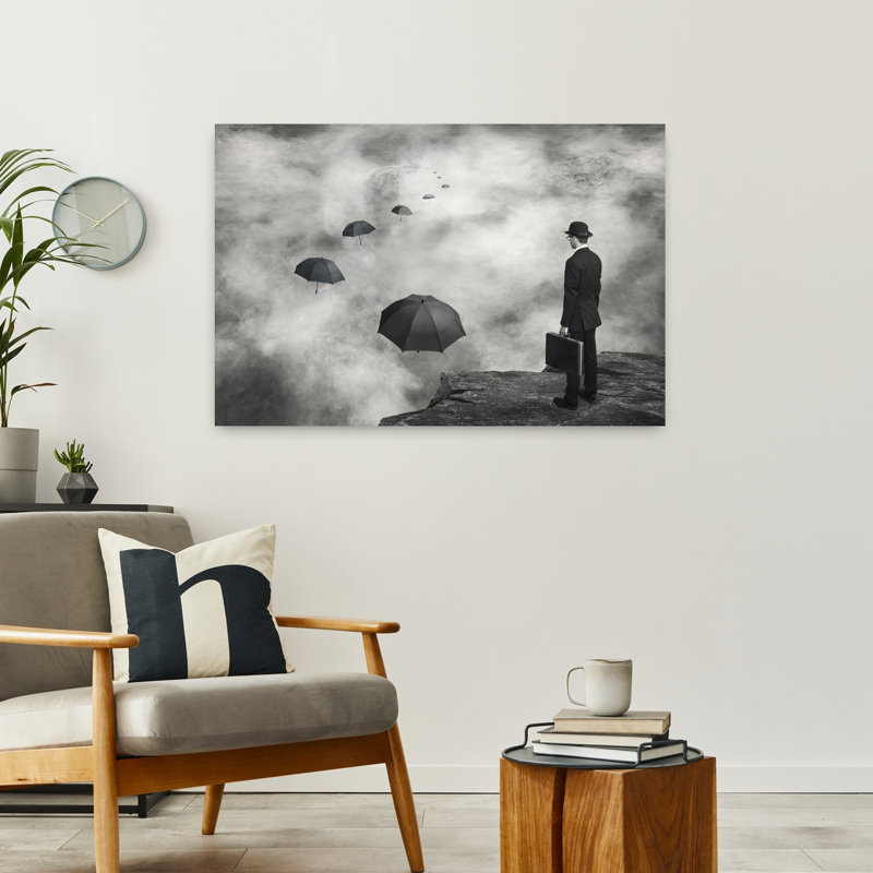 Homme et parapluies flottants, H 24 po x l 36 po