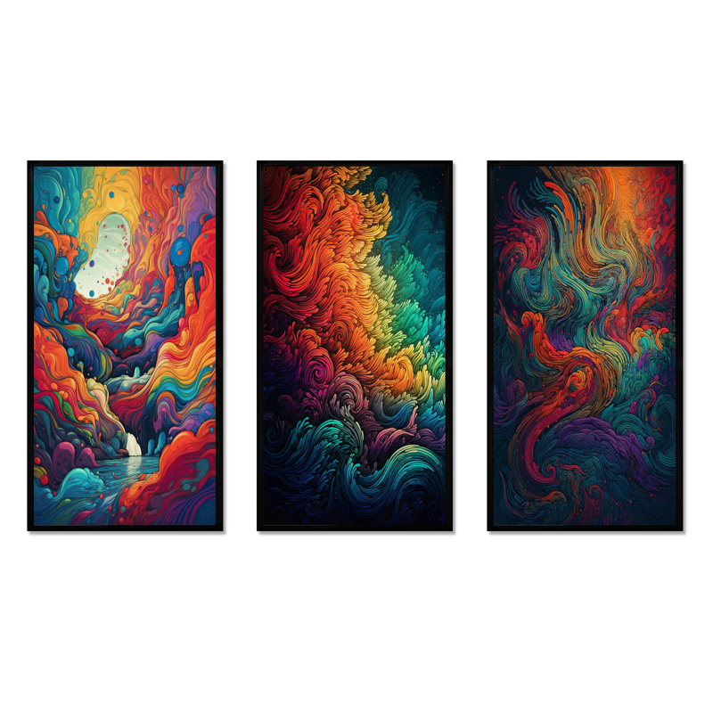 «Rainbow Colored Waves», 3 pièces sur toile, Cadre flottant noir, H 20 po x l 36 po