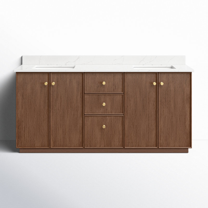 Amella 72'' Free Standing Double Bathroom Vanity with Quartz Top, Dark Brown Oak