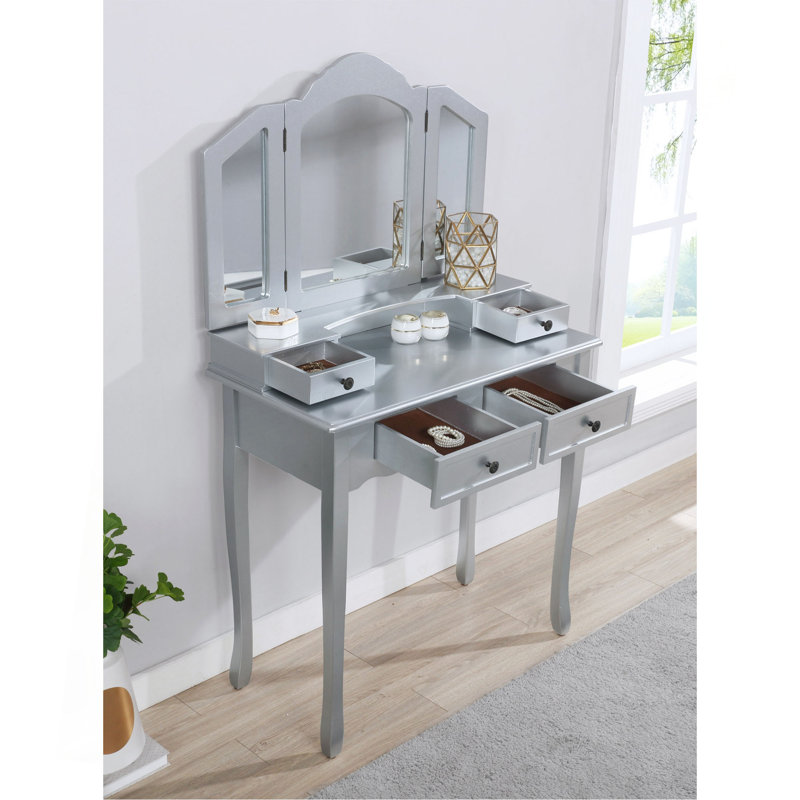 Ensemble coiffeuse et tabouret en bois Sanlo, Argent