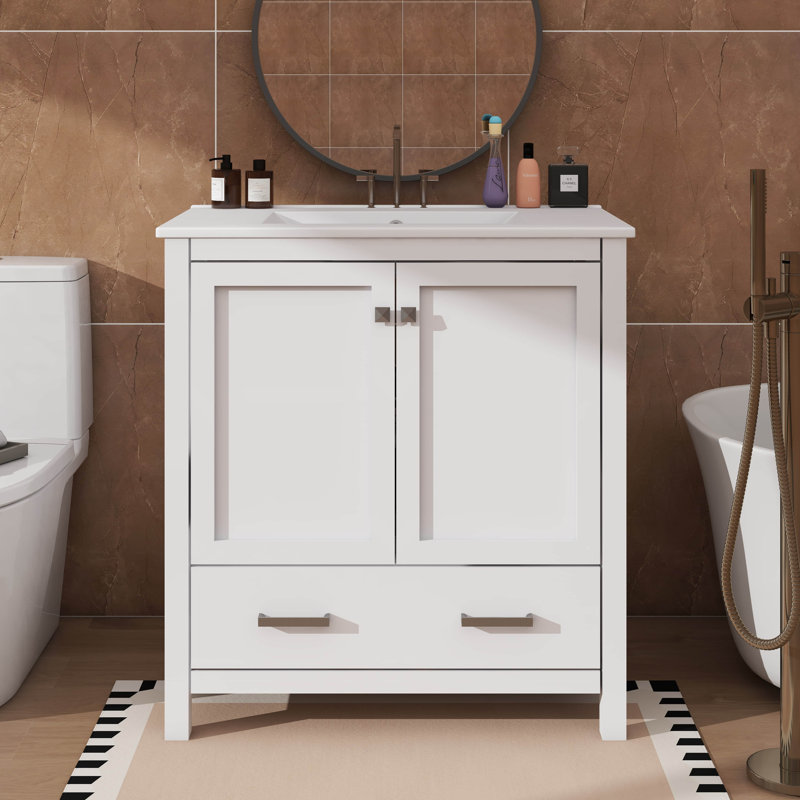 Ensemble de meuble-lavabo simple avec tiroir et tablette double, Blanc, Argent argent, 30"