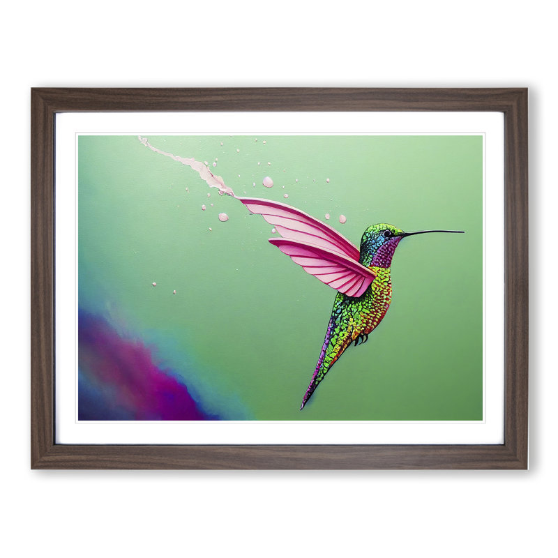 Colourful Hummingbird Vol.3 - Painting, Walnut Framed, 25cm H x 34cm W x 2cm D