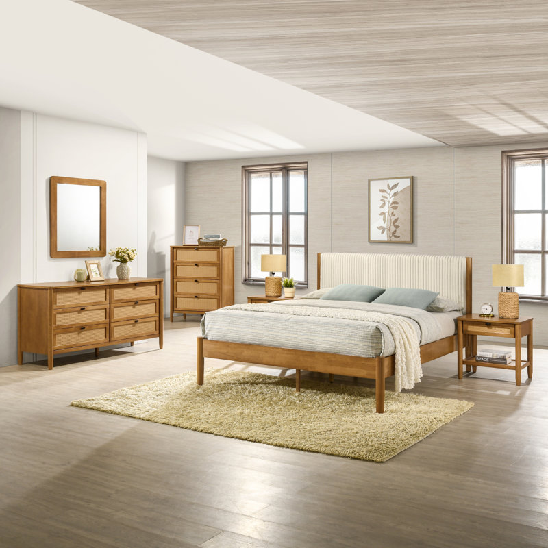 Ensemble de chambre à coucher 6 pièces Vichy avec lit tapissier, commode, miroir, 2 tables de chevet et commode