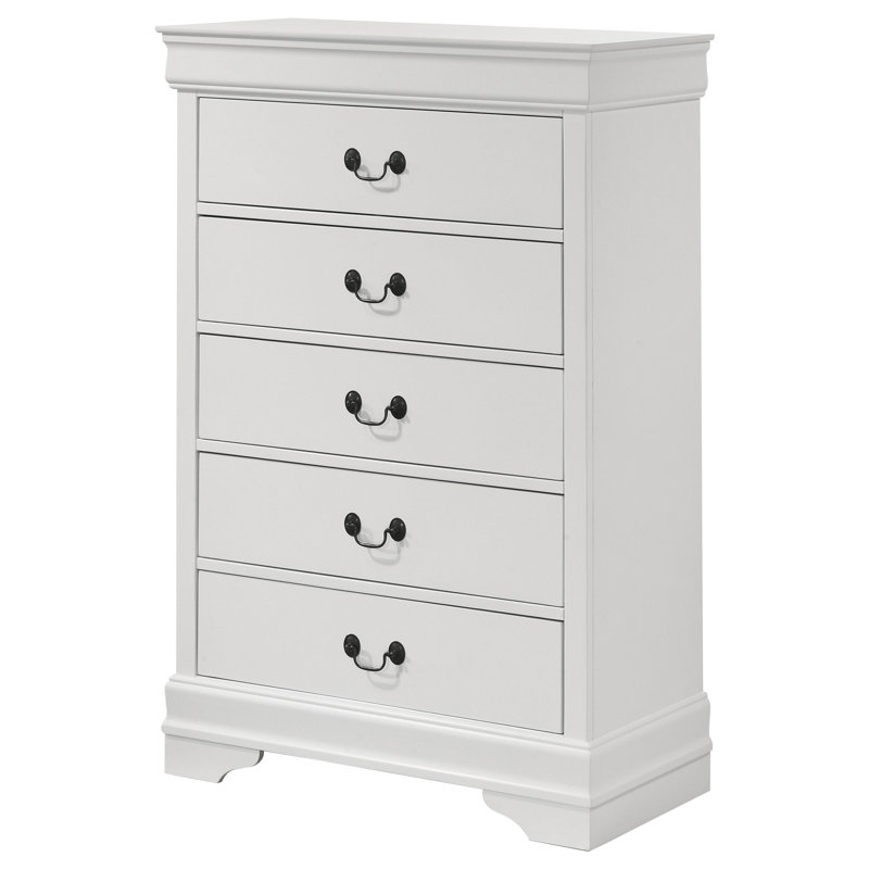 Commode haute à 5 tiroirs, commode de rangement traditionnelle blanche avec garniture moulée décorative, poignées de suspension foncées et pieds de support