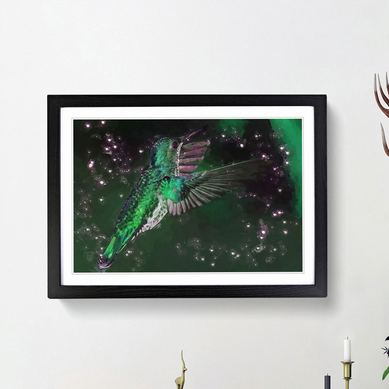 Green-Crowned Hummingbird in Abstract - Picture Frame Painting Print, 62cm H x 87cm W x 2cm D, Black Framed