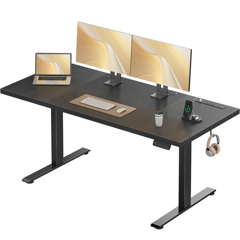 Bureau électrique debout avec prises de courant, H 29,1 po x l 71 po x P 27,6 po, Brun rustique / noir