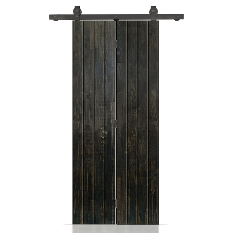 Porte de grange pliante en bois de pin avec quincaillerie coulissante, 36 po x 80 po, Noir anthracite