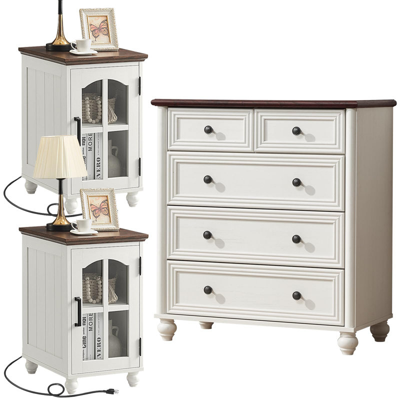 Ensemble de commode 5 tiroirs et 2 tables de chevet, mobilier de chambre en bois de ferme avec stations de charge et colonne romaine pour la chambre à coucher, le salon et le couloir