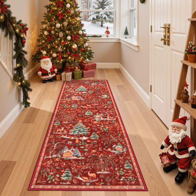  Vintage Woodland Christmas Washable Area Rug, Festive Forest Scene with Deer, Pine Trees and Snowy Cabins, Soft Non-Slip Holiday Rug for Living Room and Bedroom
