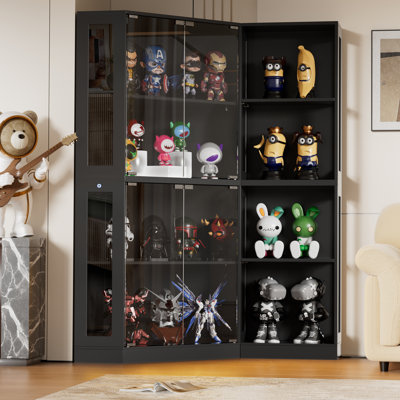 4-Tier Corner Display Cabinet with Glass Doors, Glass Display Cabinet with 3 Color Lights and Human Sensor