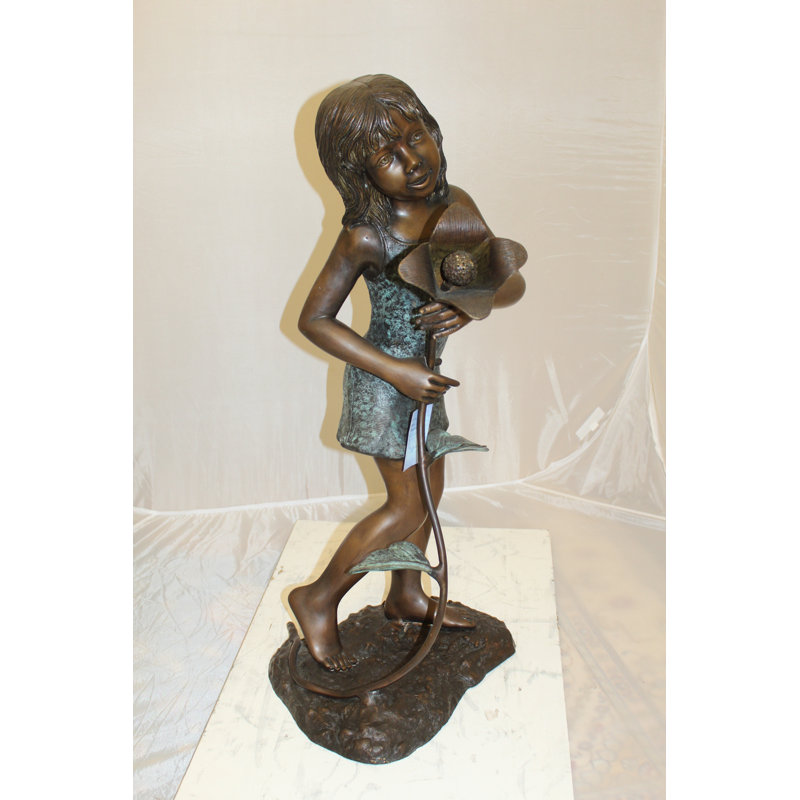 Girl Holding a Flower Fountain Bronze Statue -  Size: 15"L x 15"W x 35"H.
