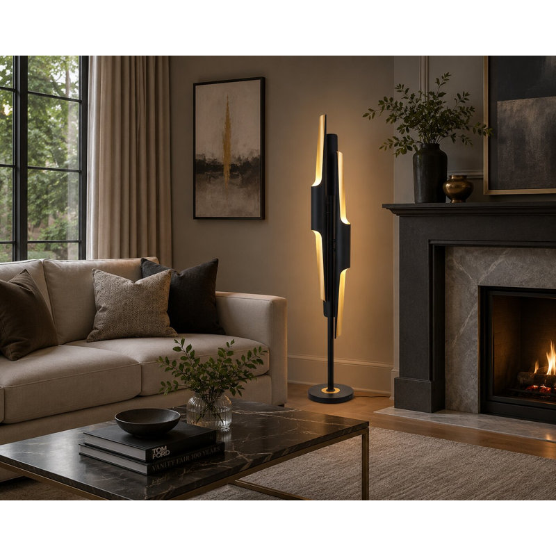 6 Light Black Floor Lamp With Gold Interior Accents