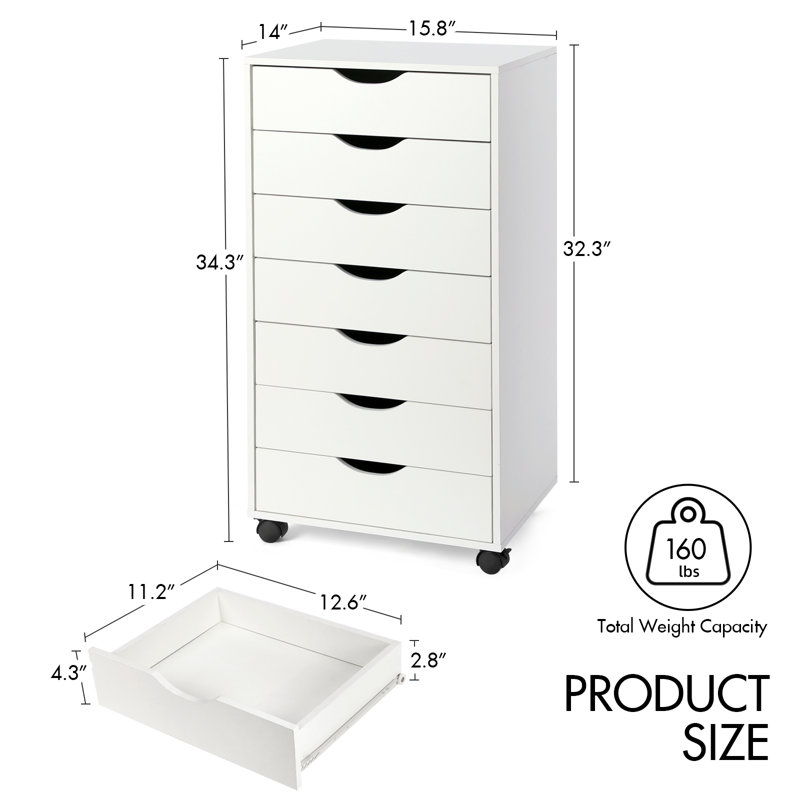  Armoire de rangement à 7 tiroirs de 34,3 po de hauteur, Blanc