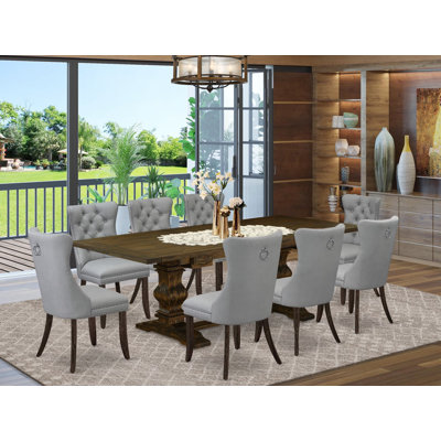 9 Piece Dinette Set Contains a Rectangle Dining Table with Removable leaf and 8 Upholstered Chairs, distressed Jacobean