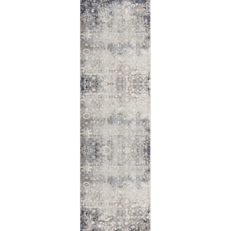 2’ X 6’ Navy And Beige Distressed Vines Area Rug
