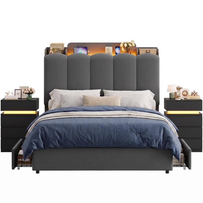 Ensembles de chambre à coucher de grand lit 3 pièces avec tête de lit à DEL et station de charge intégrée, Gris / Noir