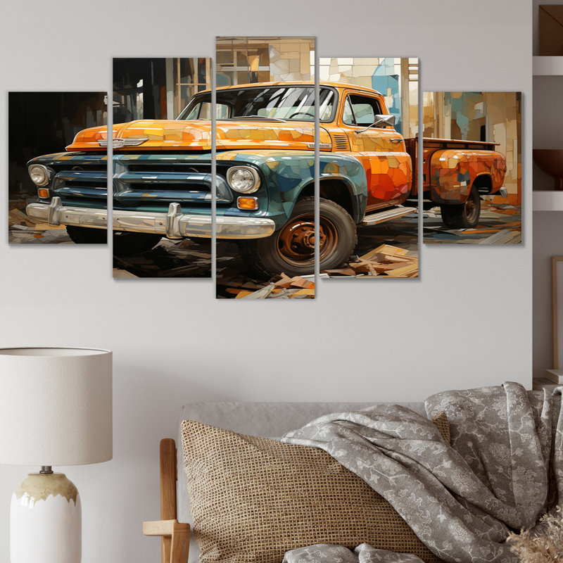 Orange, camionnette mixte, transport, impression sur toile, transport, 5 panneaux