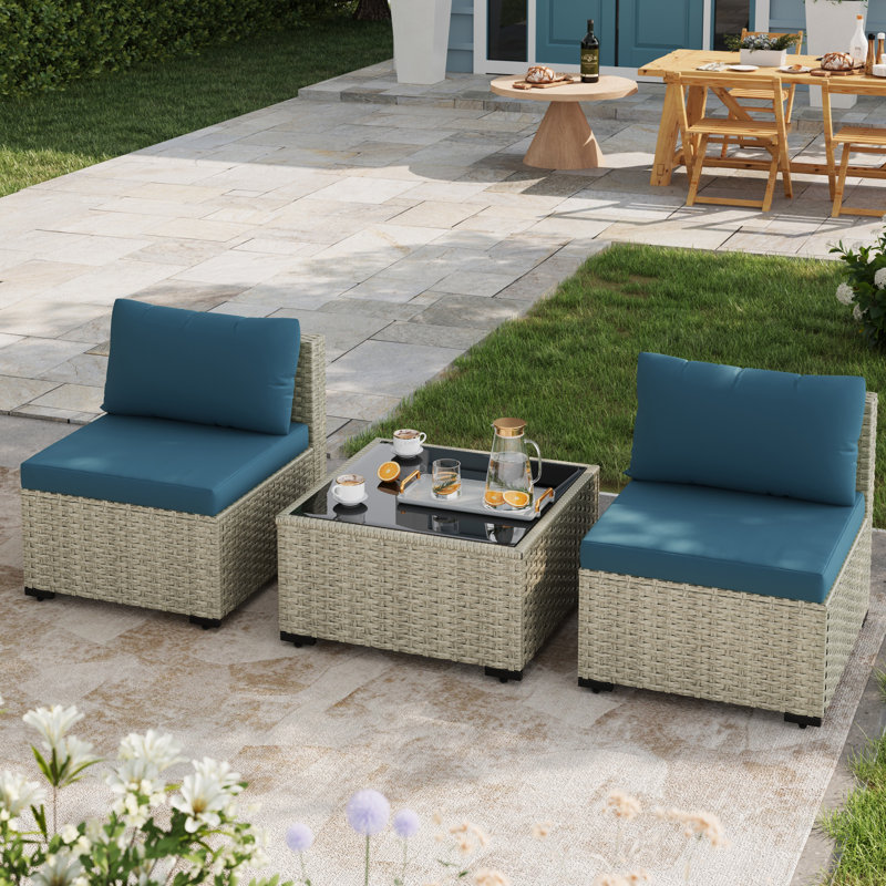 3 Pieces Design-Oriented Rattan Patio Conversation Sets With Cushions, Peacock Blue