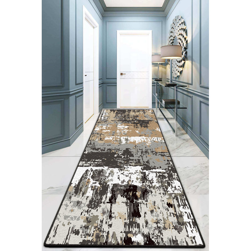 Tapis abstrait en polyester tissé à la machine en noir / blanc, Rectangle 6 pi 7 po x 9 pi 6 po