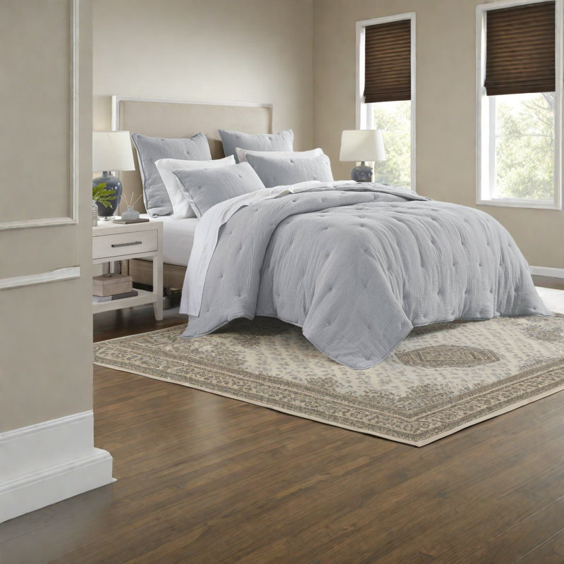 Premium Cotton Bedding Sets, Full Queen Blue Embroidered Quilt Set
