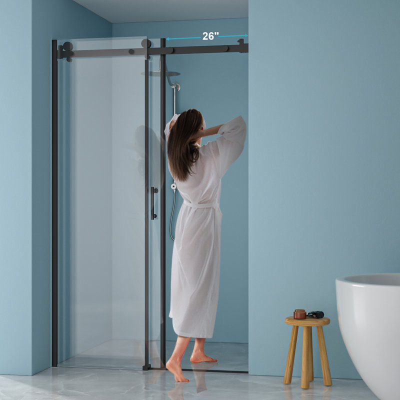 Porte de douche simple, verre trempé de 8 mm, cadre noir mat en acier inoxydable 304, installation facile, porte en verre pour rénovation avec fonctionnement antirouille et silencieux