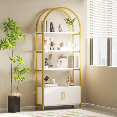 Bookshelf, Tall Bookcase with Cabinet Wood and Metal Bookshelves Floorstanding Storage Shelving Unit Industrial Display Cabinet