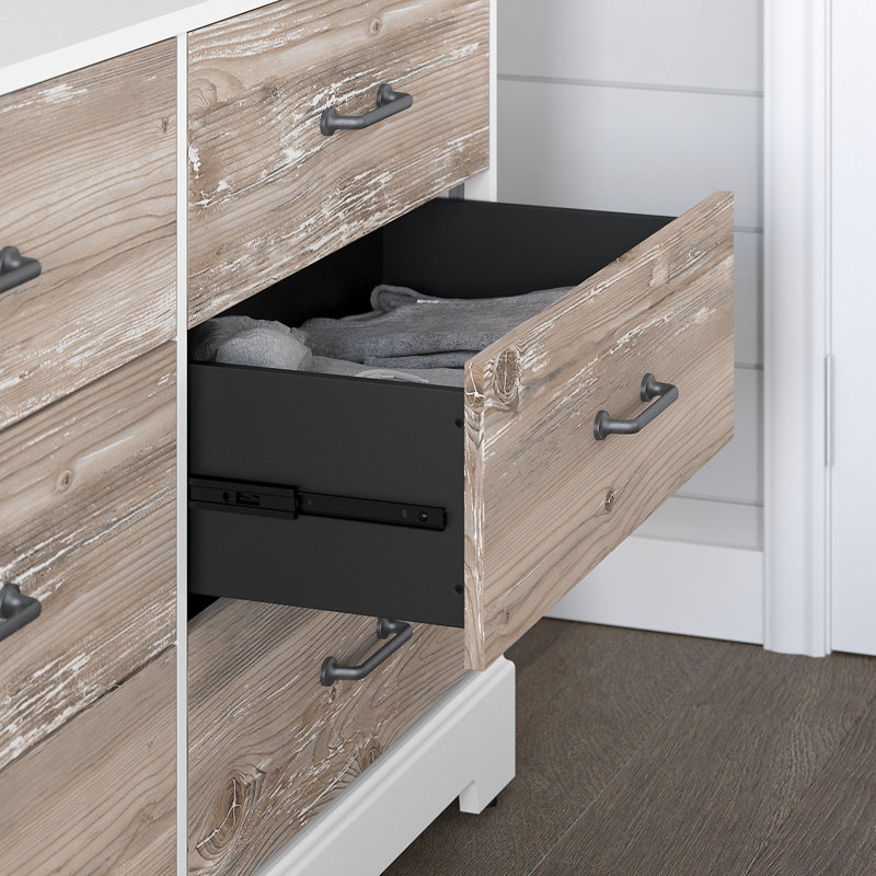Commode double 6 tiroirs Torkelson River Brook, Suède blanc chêne / bois de grange