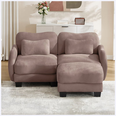 Chenille Supportive L-Shaped Loveseat Sofa with Waist Pillow, Ergonomic Curve Design & Movable Ottoman, Easy Assembly for Living Room, Rose Dust