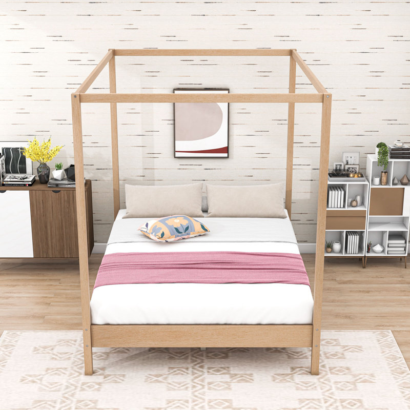 Wood Four Poster Platform Bed, Natural, Queen
