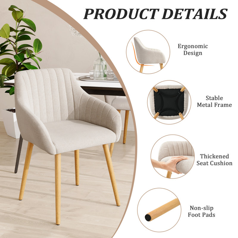 49.5cm H Upholstered Dining Chairs With Wooden Legs, Beige Linen/Natural, 6