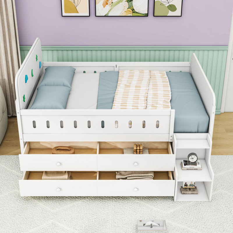 Lit double en bois pour enfants avec 4 tiroirs et tête de lit à DEL, Blanc