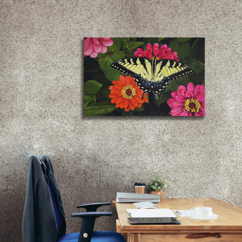 Toile épique Graffiti «Tiger Swallowtail On Zinnias» par Jim Brune, 40 po x 26 po, H 26 po x l 40 po