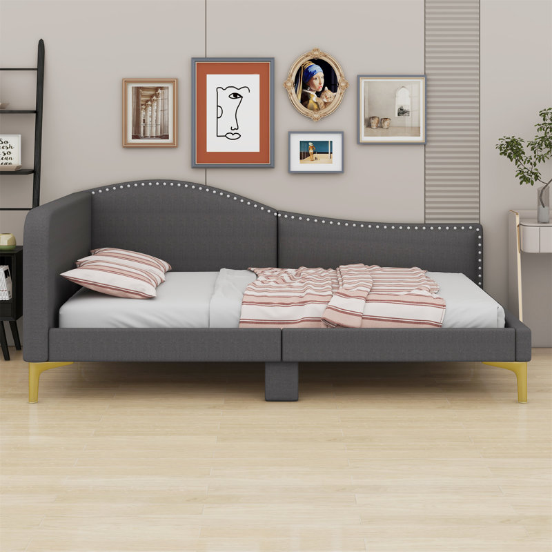 Upholstered Daybed With Headboard And Armrest, Gray