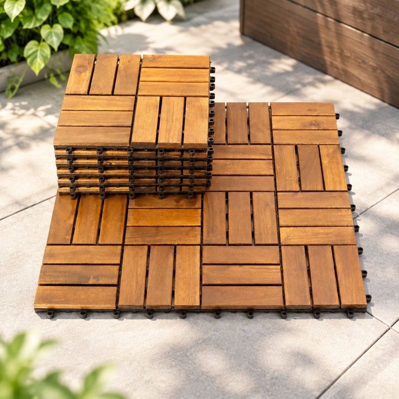 Ensemble de tuiles de terrasse en bois d'acacia emboîtables 30 pièces, motif à carreaux 12 po x 12 po, naturel