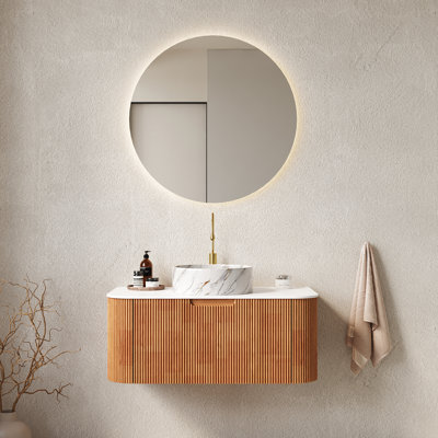 Meuble-lavabo 36 po avec rebords incurvés, lavabo rond en céramique blanc, rayures 3D naturelles, pré-assemblé, grand bassin de rangement et motif en pierre, facile à entretenir