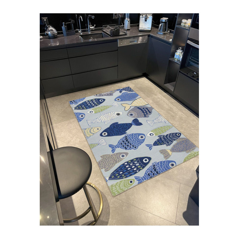 Machine Washable Fish Patterned Woven Base Decorative Rug, Rectangle 4'7" x 6'7"
