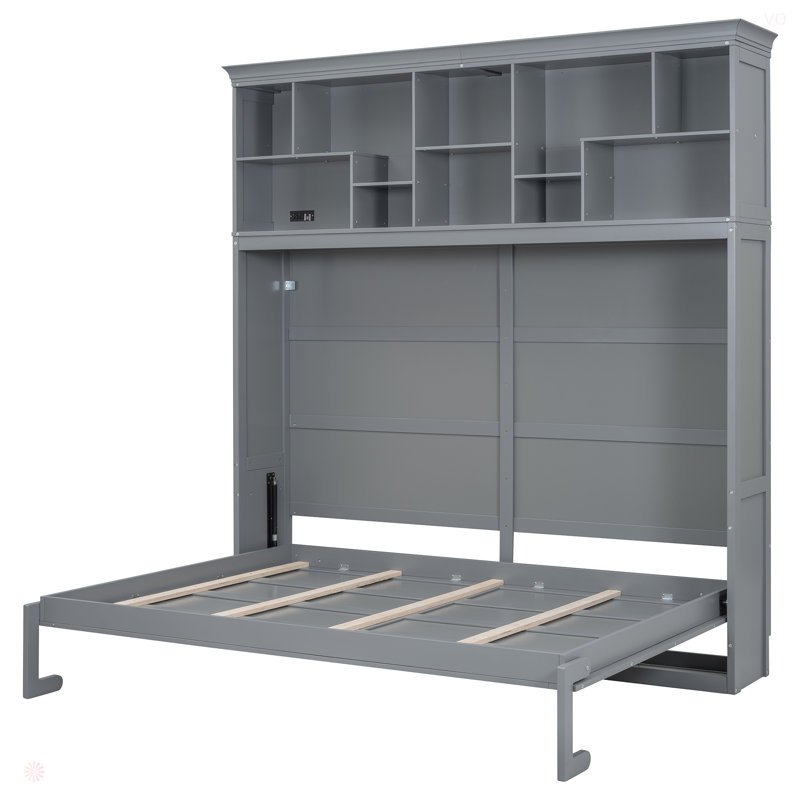 Lit escamotable mural Murphy avec tablettes supérieures et USB, Gris
