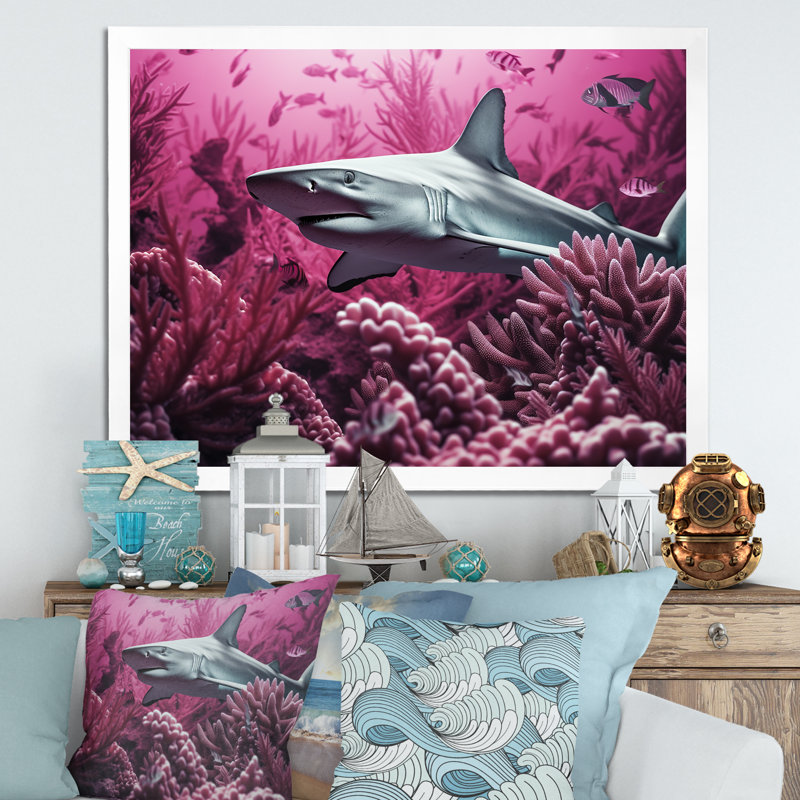 " Hammerhead Purple Sharks ", 16" H x 32" W x 1" D, White Single Picture Framed