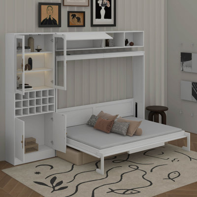 Lit escamotable mural Murphy avec canapé, tablettes, USB et lumière