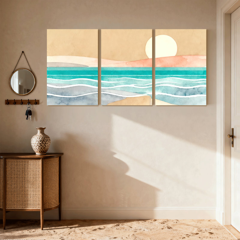 «Nautical & Beach Sunset Ocean Waves Sky Sand Horizon», ensemble de 3 impressions sur toile, H 18 po x l 36 po