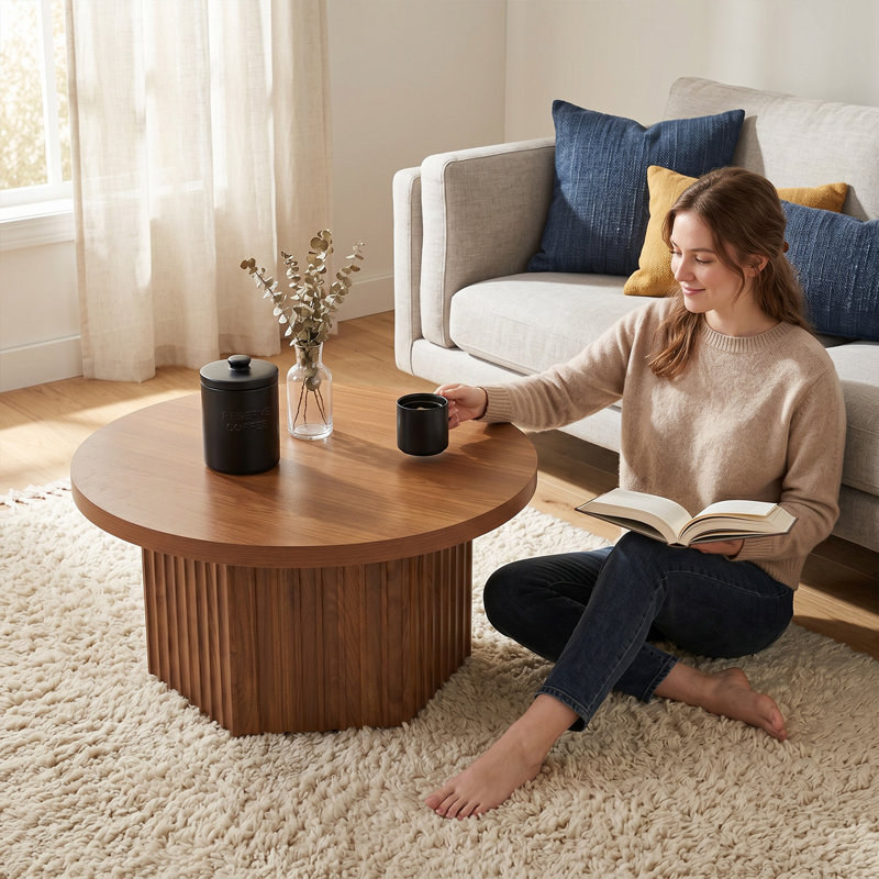 Table basse ronde, table basse cannelée en bois 31,5 po | Table d'appoint circulaire pour le salon, Brown