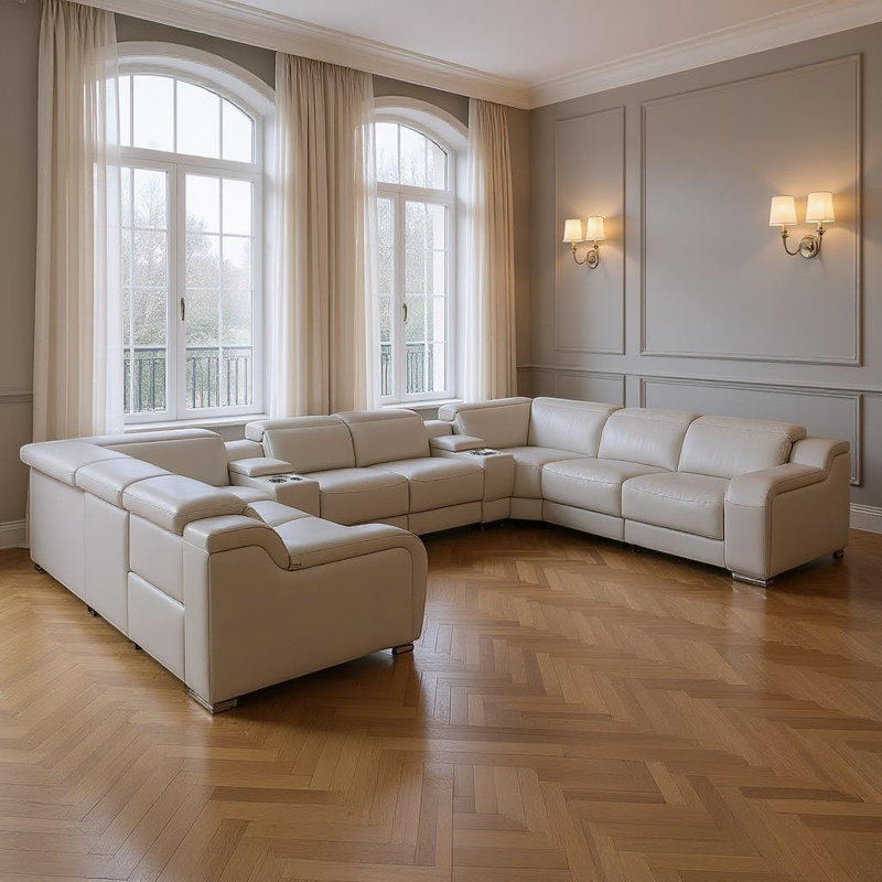 Canapé modulaire en U inclinable électrique en cuir gris clair avec console