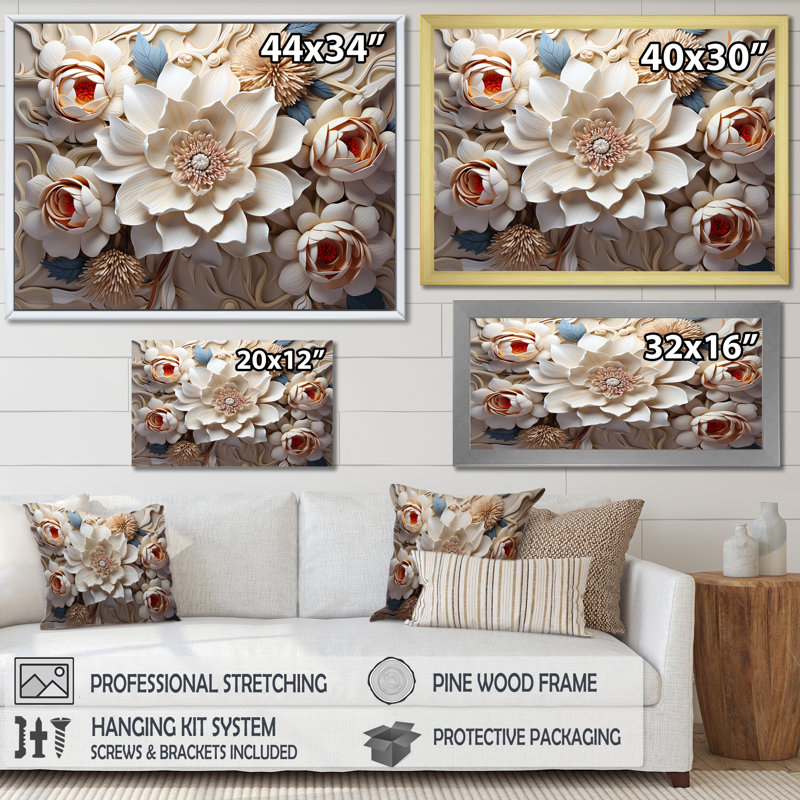 «Paper Mache Flower Blossums Radiance I», reproduction sur toile, H 12 po x l 20 po x P 1 po, Cadre simple argenté