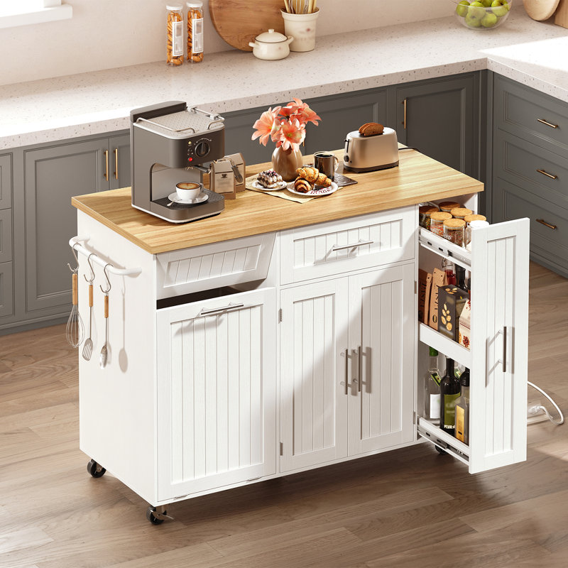 Îlot de cuisine roulant en bois avec prise de courant, armoire à ordures basculante mobile pour chariot d'îlot de cuisine, roulettes verrouillables, tiroir de rangement et porte-serviettes